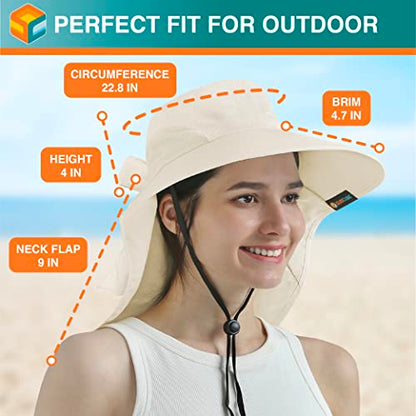 SUN CUBE Wide Brim Sun Hat with Neck Flap for Men Women, UPF50+ Fishing - color: Beige With Bow