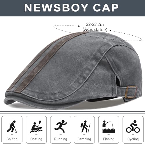 Initlove Mens Newsboy Cap Washed Beret Ivy Hat Flat Hats for Cabbie Driving - color: B Grey