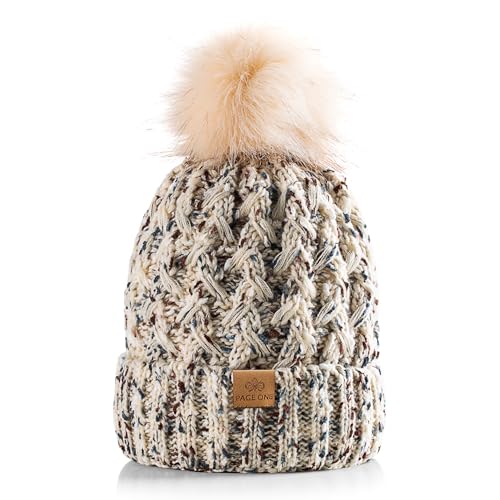 PAGE ONE Womens Winter Ribbed Beanie Crossed Cap Chunky Cable Knit Pompom Soft Warm Hat - color: Mix Oat