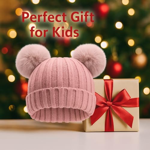 Toddler Winter Knit Hat Upgrade Fleece Lined Pompom Ears Beanies Cap for Boys Girls 3-12 Years - color: Dark Pink