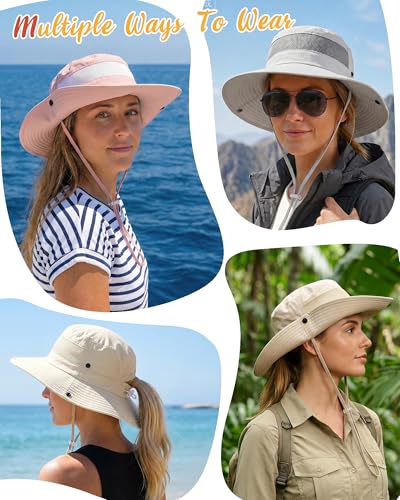 Women's Sun Hat Sun Protection Wide Brim Bucket with Ponytail Hole Summer - color: Light Beige