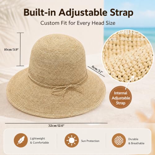 Natural Raffia Straw Bucket Hat for Women Sun Beach Handmade Raffia Woven Bucket Hat Foldable Summer Cap - color: Natural Raffia 3.1“（bow）