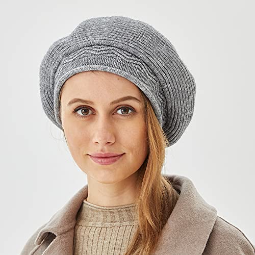 FENELY Beret Hat for Women, French Style Beanie Winter Fashion Warm Thickened Lining Knit Cap - color: Grey