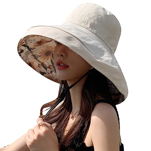 HUAMULAN Wide Brim Women Summer Sun Floppy Hat Reversible Beach Bucket Hat - color: M2320-beige