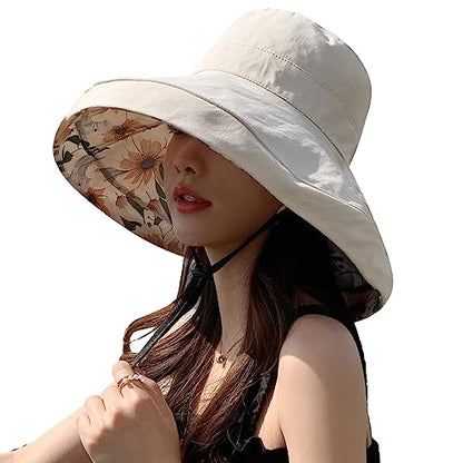 HUAMULAN Wide Brim Women Summer Sun Floppy Hat Reversible Beach Bucket Hat - color: M2320-beige