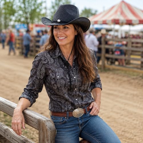 Straw Cowboy Hat for Men Women, Woven Western Summer Hat Natural - color: Black