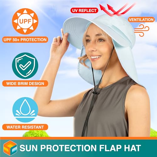 SUN CUBE Womens Sun Hat UPF 50+ with Ponytail Hole & Neck Flap - color: Light Blue