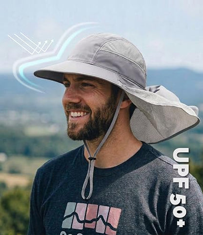 Hat Hut Ultra-Light Sun Hat with Neckflap, UPF 50+, Wide Brim, Breathable Outdoor Hiking Fishing Hats for Men - color: Light Grey