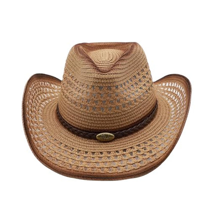 Straw Cowgirl Hat for Women Cowboy Hats for Men Wide Brim Sun Hat Shapeable Western Hat Beach Hat - color: Khaki-coffee