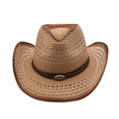 Straw Cowgirl Hat for Women Cowboy Hats for Men Wide Brim Sun Hat Shapeable Western Hat Beach Hat - color: Khaki-coffee