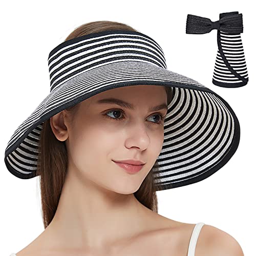 MAYLISACC Foldable Straw Sun Visors for Women, Sun Protecetion Wide Brim Sun Hats Adjustable Topless Beach Hat - color: Blackstripe ( 1 Pcs )