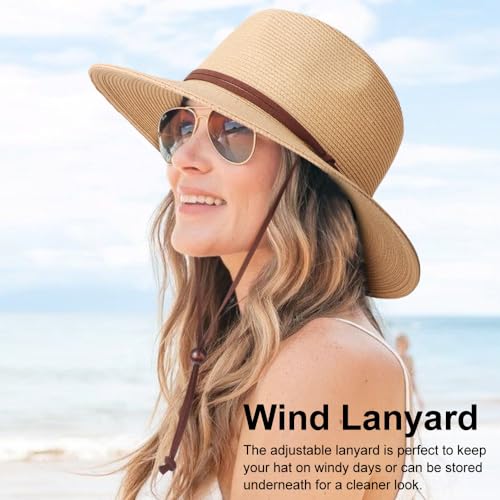 DRESHOW Womens Summer Straw Sun Hat Wide Brim Bucket Hats Fedora Hat Panama Beach Hat with Chin Strap UPF 50+ - color: 1 Pc Panama Fedora: Khaki