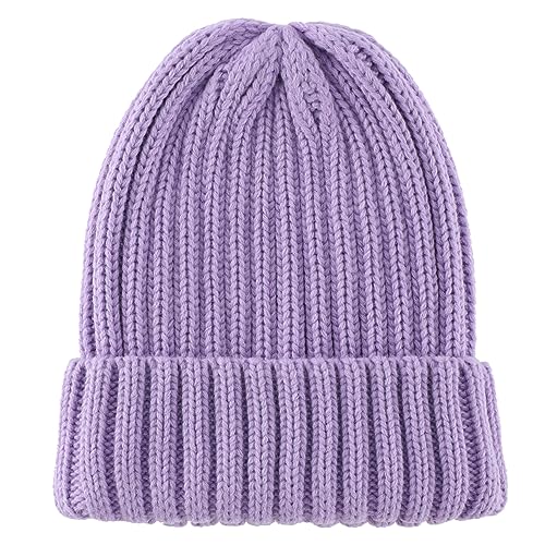 Connectyle Women's Rib Knit Cuffed Beanie Hat Stretch Acrylic Winter Hat Thick Warm Snow Ski Cap - color: Light Purple