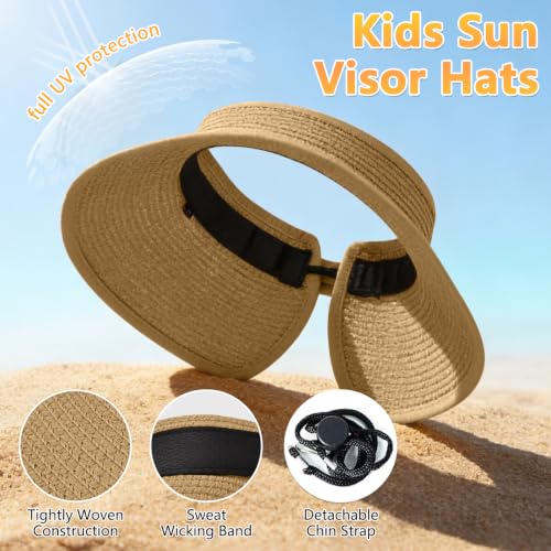 ZOORON Girls Straw Sun Visor Hat, Wide Brim Ponytail Beach Hat with Bow - color: Khaki