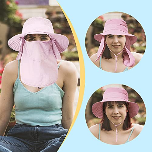 Fishing Hat for Men & Women, Sun Protection Hat with Face Cover & Neck Flap - color: Pink