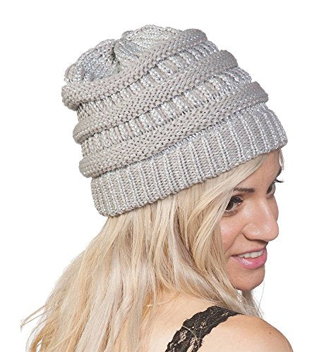 C.C Trendy Warm Chunky Soft Stretch Cable Knit Beanie Skully - color: Metallic Silver