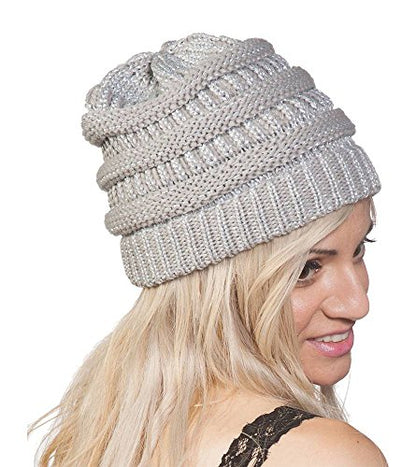 C.C Trendy Warm Chunky Soft Stretch Cable Knit Beanie Skully - color: Metallic Silver