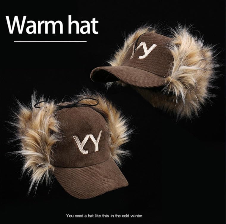URAWOW Faux Fur Baseball Cap Women Winter Fall Grunge Aespa NINGNING Same Style Trapper Hat Plush Retro Fashion Ear Warmer - color: Military Green B