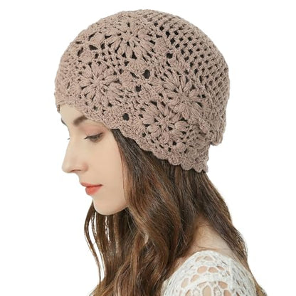 ZLYC Women Cotton Crochet Slouchy Beanie Hat Handmade Knit Summer Skull Cap - color: Solid Khaki