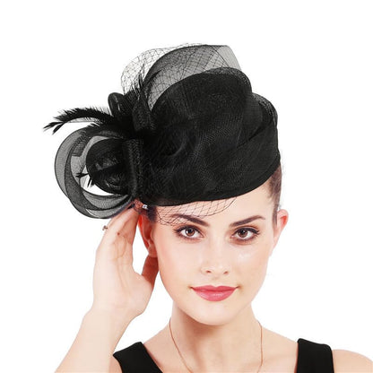 Women Sinamay Fascinator Hat Floral Feather Pillbox Derby Hats with Veil and Clips - color: Black