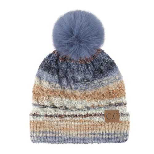 C.C Multi Color Space Dye Wool Stretchable Soft Warm Pom Beanie with Faux Fur Pom Knit Winter Skully Hat. - color: Denim Combo