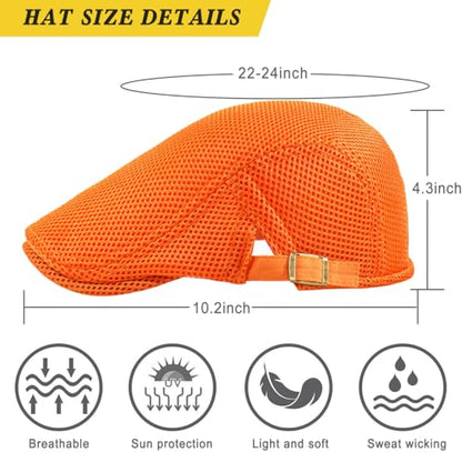 Xinveen Men's Mesh Cap Breathable Summer Newsboy Hat Adjustable Beret Ivy Cap Irish Cabbie Driving Hunting Hats - color: Orange