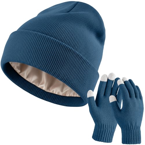 Geyoga Beanie and Touchscreen Gloves Set for Women Men Unisex Winter Knitted Hat Skull Cap Warm Gloves with Knit Fleece Lined - color: Blue