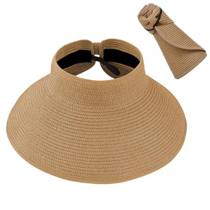 DOOVID Womens Summer Straw Hats Wide Brim Sun Hat UV Protection Visor Foldable Beach Hat for Women - color: Khaki