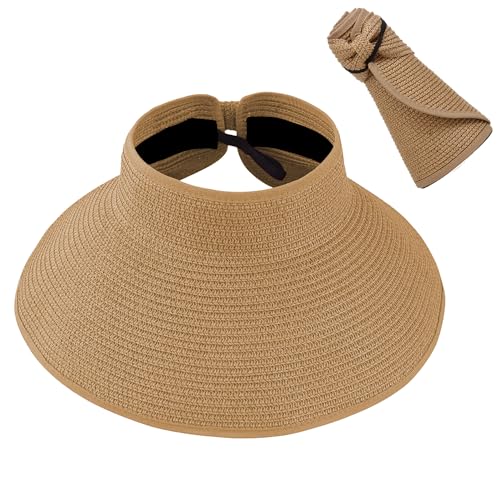 DOOVID Womens Summer Straw Hats Wide Brim Sun Hat UV Protection Visor Foldable Beach Hat for Women - color: Khaki