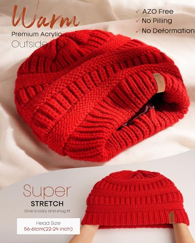 FURTALK Winter Beanie Hat for Women Satin Lined Cable Knit Chunky Slouchy Beanies Skull Warm Cap - color: Red