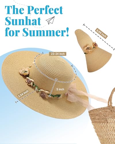 Beach Hat for Women, Wide Brim Sun Straw Hats for Women, Sun Hat Womens UPF 50+ UV Protection, Floppy Foldable Summer Hats - color: Brown Flowers Hat