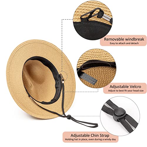 DRESHOW Women Straw Panama Hat Travel Fedora Beach Sun Hat Summer Wide Brim Straw Roll up Hat UPF 50+ - color: 1 Pack Straw Hat: Khaki (+ 2 Replaceable Ribbon Bands)