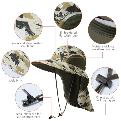 BASSDASH UPF 50+ Unisex Water Resistant Wide Brim Sun Hat with Large Neck Flap Ponytail Fishing Hat for Men Women - color: Mountain Camo/Amy Green