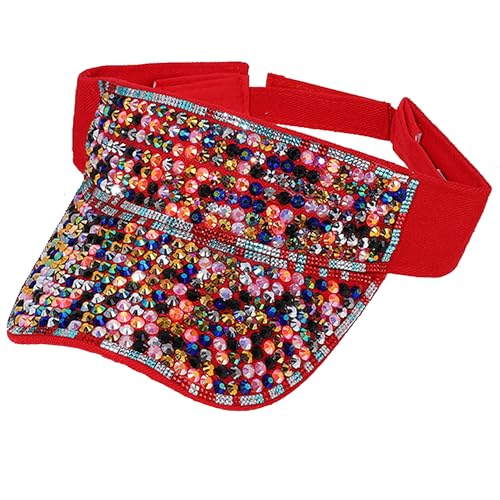 Bling Visor Shiny Rhinestones Sport Sun Adjustable Summer Cap Visor Caps for Women Men - color: C-red