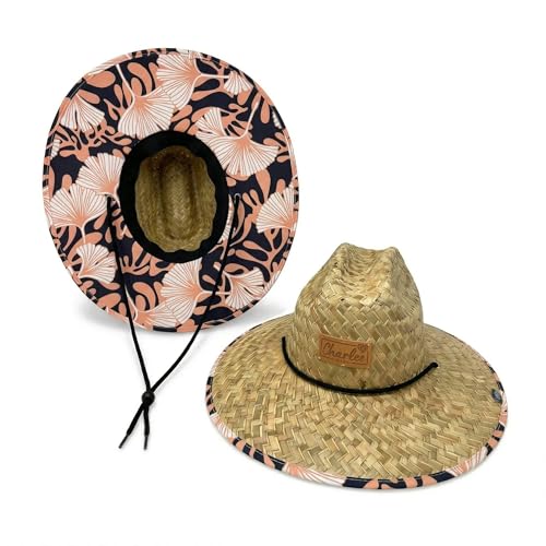 Women's Wide Brim Straw Sun Hat for Beach, Lifeguard Style, Hand-Woven Rush & Mat, Adjustable Chin Drawstring - color: The Anna