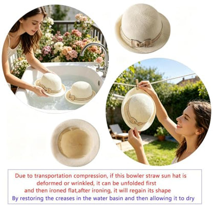 Women Beach Cloche Sun Bucket Hat Rolled Church Hat Folded Shipping - color: Bowknot/Beige