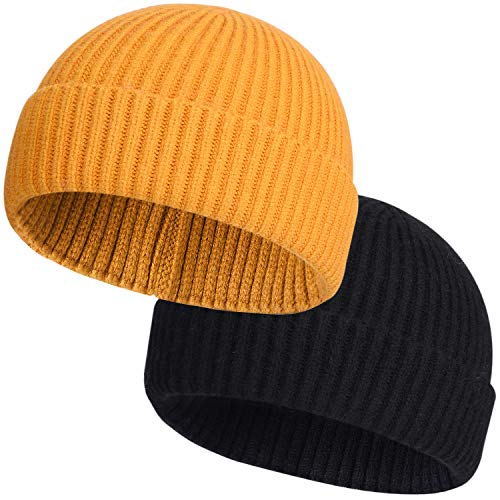 ROYBENS Wool Fisherman Beanies for Men Knit Short Watch Cap Winter Warm Hat - color: 2pcs Black+ Yellow