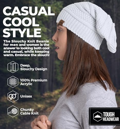 Tough Headwear Slouchy Oversized Beanie Hat - Warm Winter Hats for Women - Stretch Fit Mens Beanie - color: White