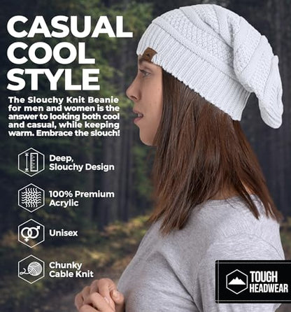 Tough Headwear Slouchy Oversized Beanie Hat - Warm Winter Hats for Women - Stretch Fit Mens Beanie - color: White