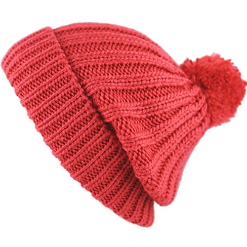 Women and Men Beanie Daily Winter Oversized Thick Stretchy Knitted Pom Pom Beanie Fleece Lined Beanie Hat - color: 2. Straight Coral