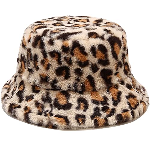 Winter Faux Fur Furry Bucket Hat Fluffy Fuzzy Warm Hat Plush Fisherman Hat for Women Men Teens Girls - color: Leopard Print Beige