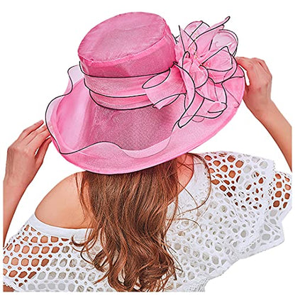 Haoohu Women's Church Derby Hat Wide Brim Bow Bucket Hat Wedding Dress Hat Fascinator Bridal Tea Party Hat - color: Rose Red 03161
