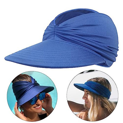 Sun Hat Women Beach Visor Cap UV Protection with Wide Brim Packable Summer Sport Ponytail Sun Cap - color: Blue