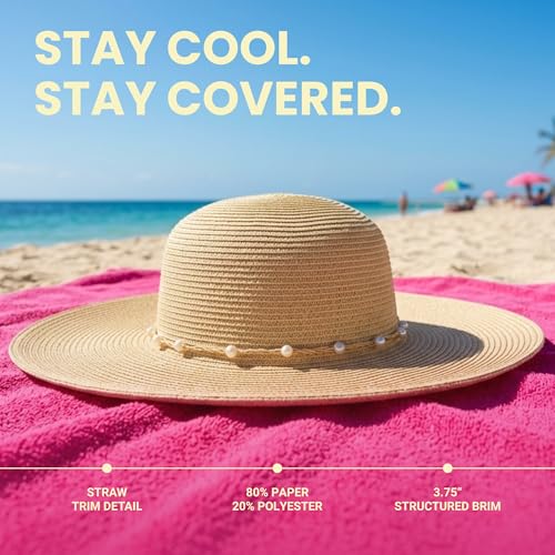 Funky Junque Wide Brim Panama Sun Hat, Womens Packable Straw - color: Pearl Trim - Natural Multi