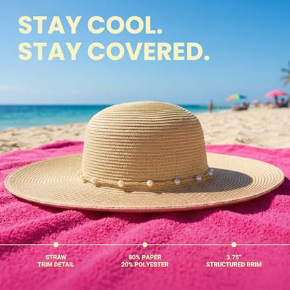Funky Junque Wide Brim Panama Sun Hat, Womens Packable Straw - color: Pearl Trim - Natural Multi