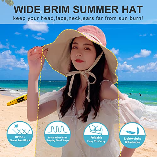 HUAMULAN Women Summer Vacation Wide Brim Sun Hat Reversible Fishing Hats - color: M0004-hongse