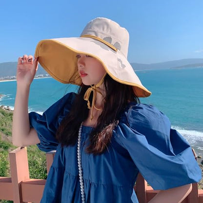 HUAMULAN Women Summer Vacation Wide Brim Sun Hat Reversible Fishing Hats - color: Beige Yellow With Butterfly