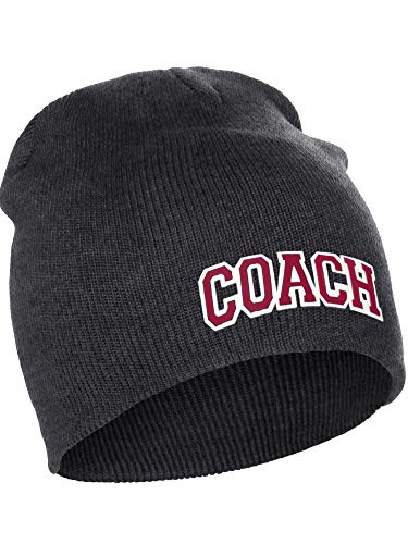 I&W Sports Team Coach Arch Letters Winter Knit Cuffless Beanie 3D Raised Layers - color: Charcoal Beanie White Red
