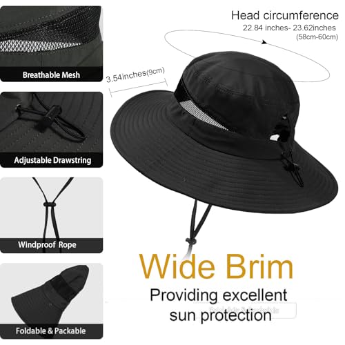 Bucket Sun Hat for Women Wide Brim Breathable Mesh UPF50+ Safari Hat Criss Cross Ponytail Hole Outdoor Rain Hat - color: Black