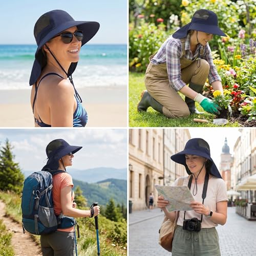 UV Sun Protection Hat Women Foldable Neck Flap Wide Brim Fishing Hat with Ponytail Hole for Women - color: Navy